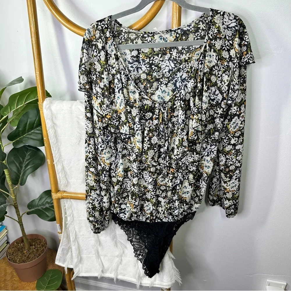Free People Black Floral Bodysuit sz M